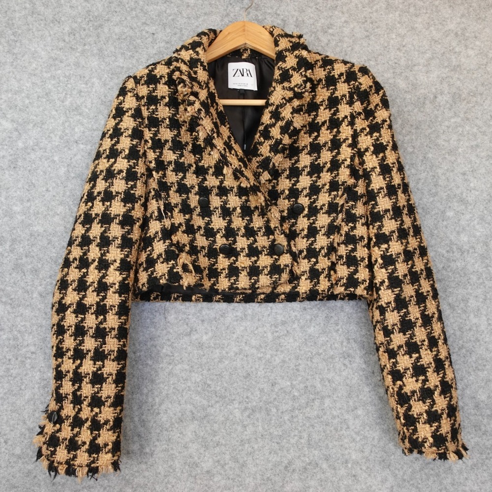 Coquette Houndstooth Tweed Crop Jacket Womens M Dark Academia ZARA Office Fringe